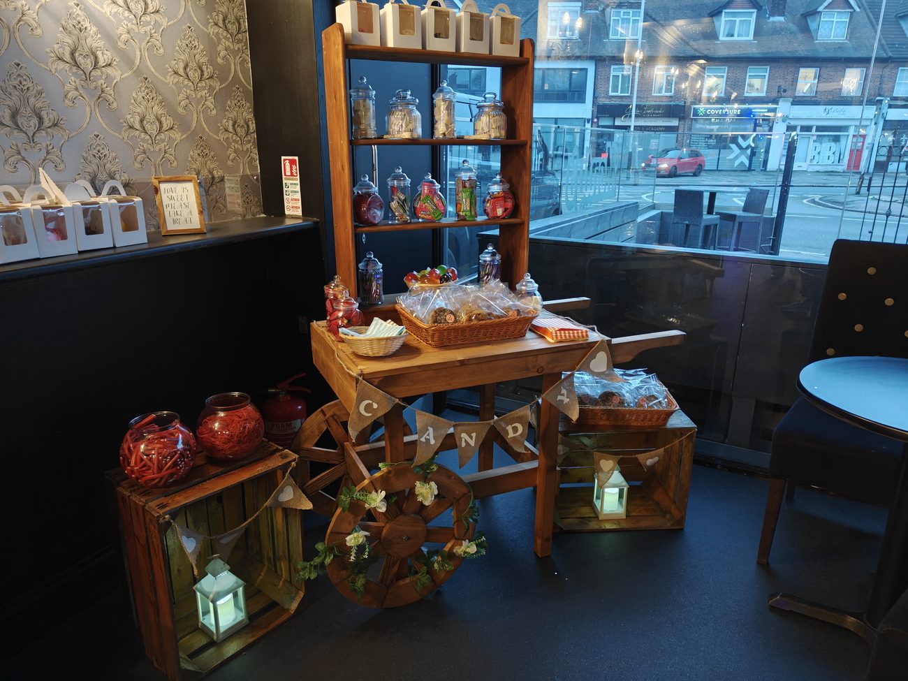 Sweet cart hire with glass jars and treats in Essex