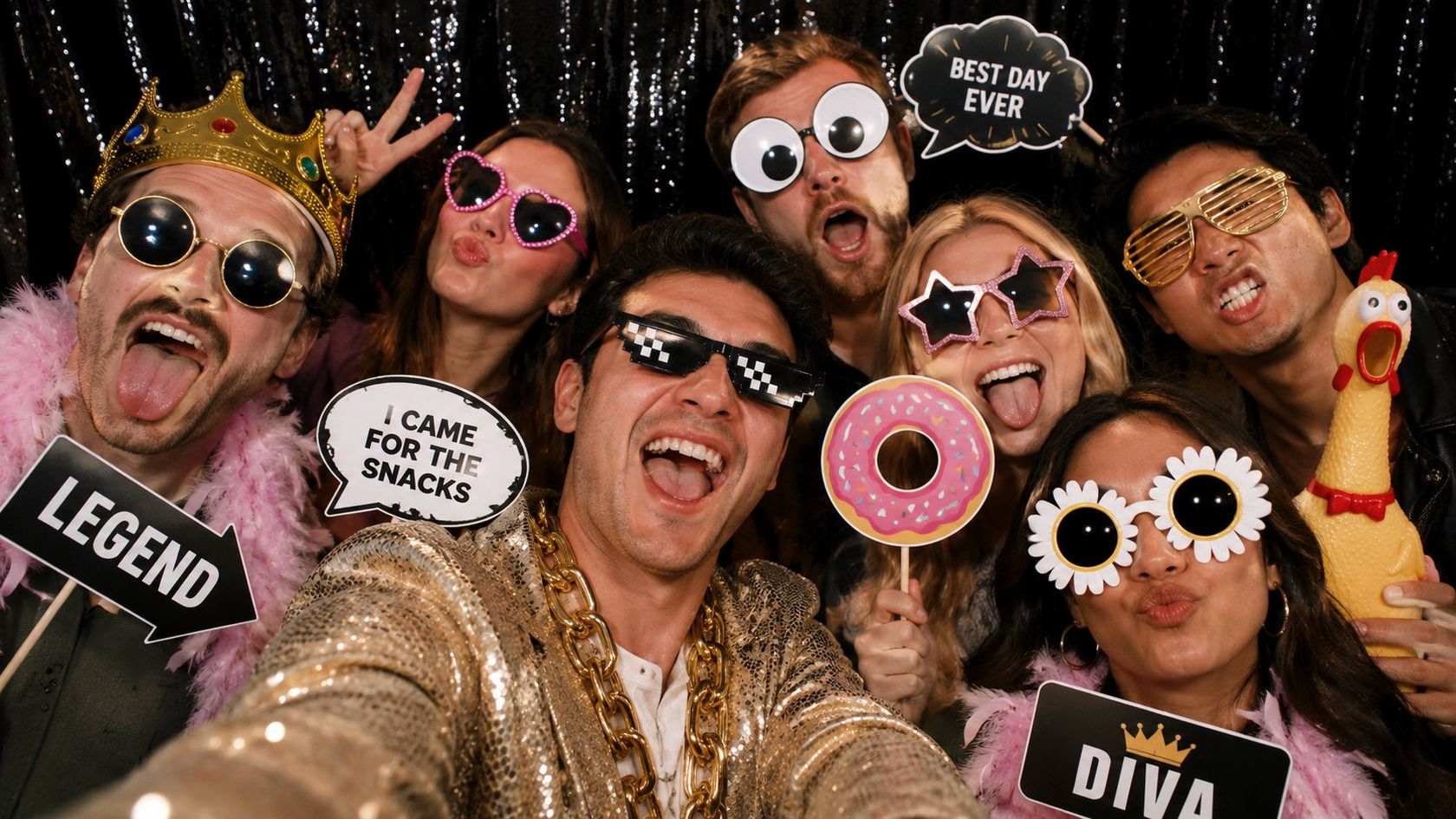 Guests enjoying a Hire Essex photo booth with props in Essex